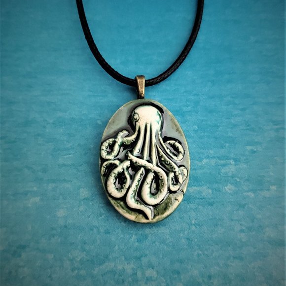 Handmade Ceramic Bottle Green Octopus Kraken Pendant Necklace - Picture 11 of 11
